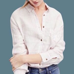 NWOT Free People No Limits White Lavender Plaid Linen Top Shirt Size XS Oversize